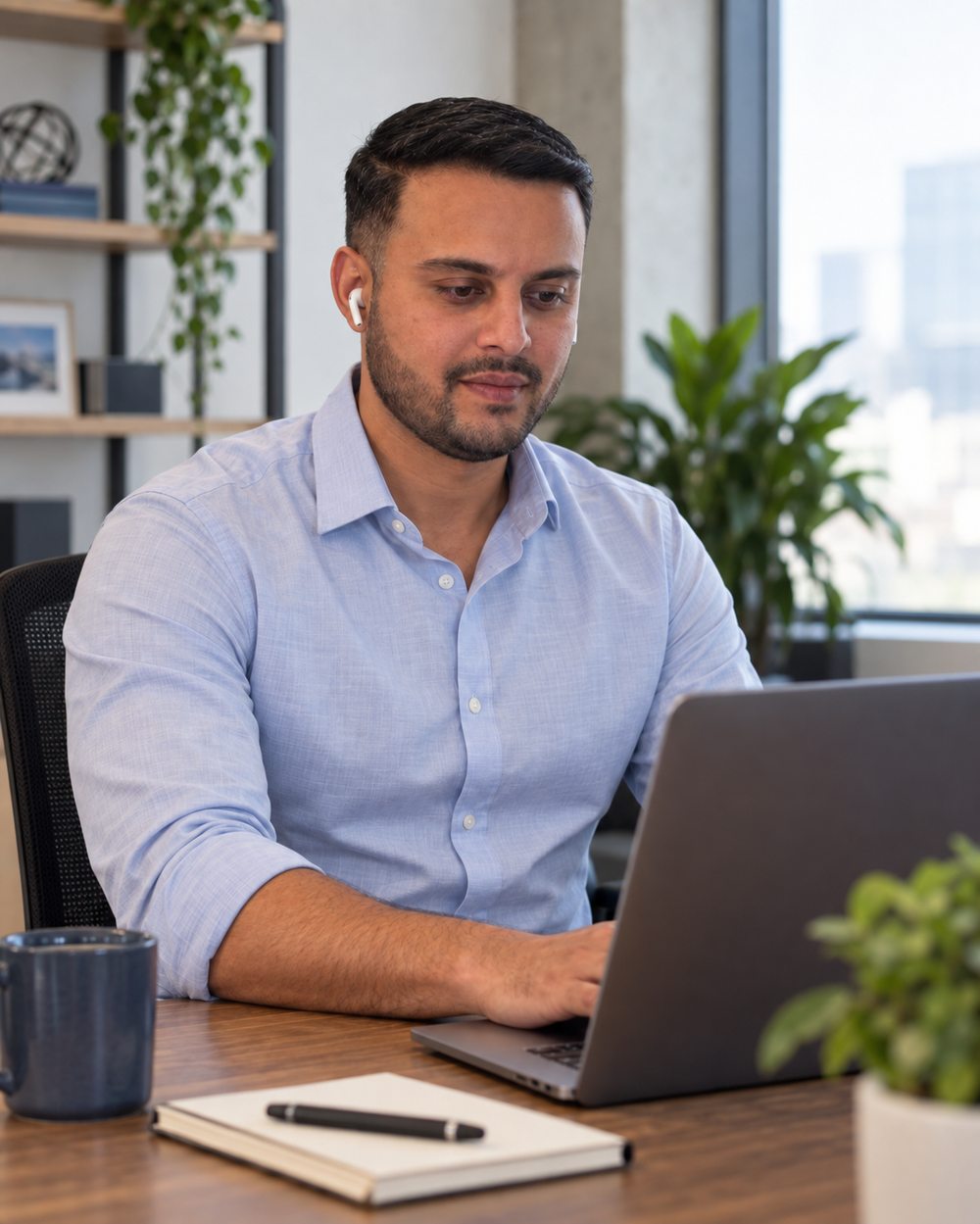 Dil Phagura working at a laptop during a video call, wearing an earbud.